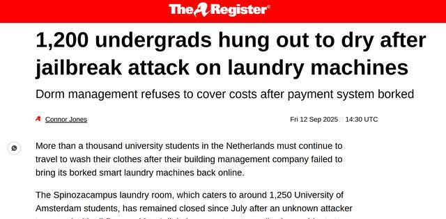 机遭黑客入侵超千名学生可免费洗衣服爱游戏(ayx)荷兰一校园智能洗衣